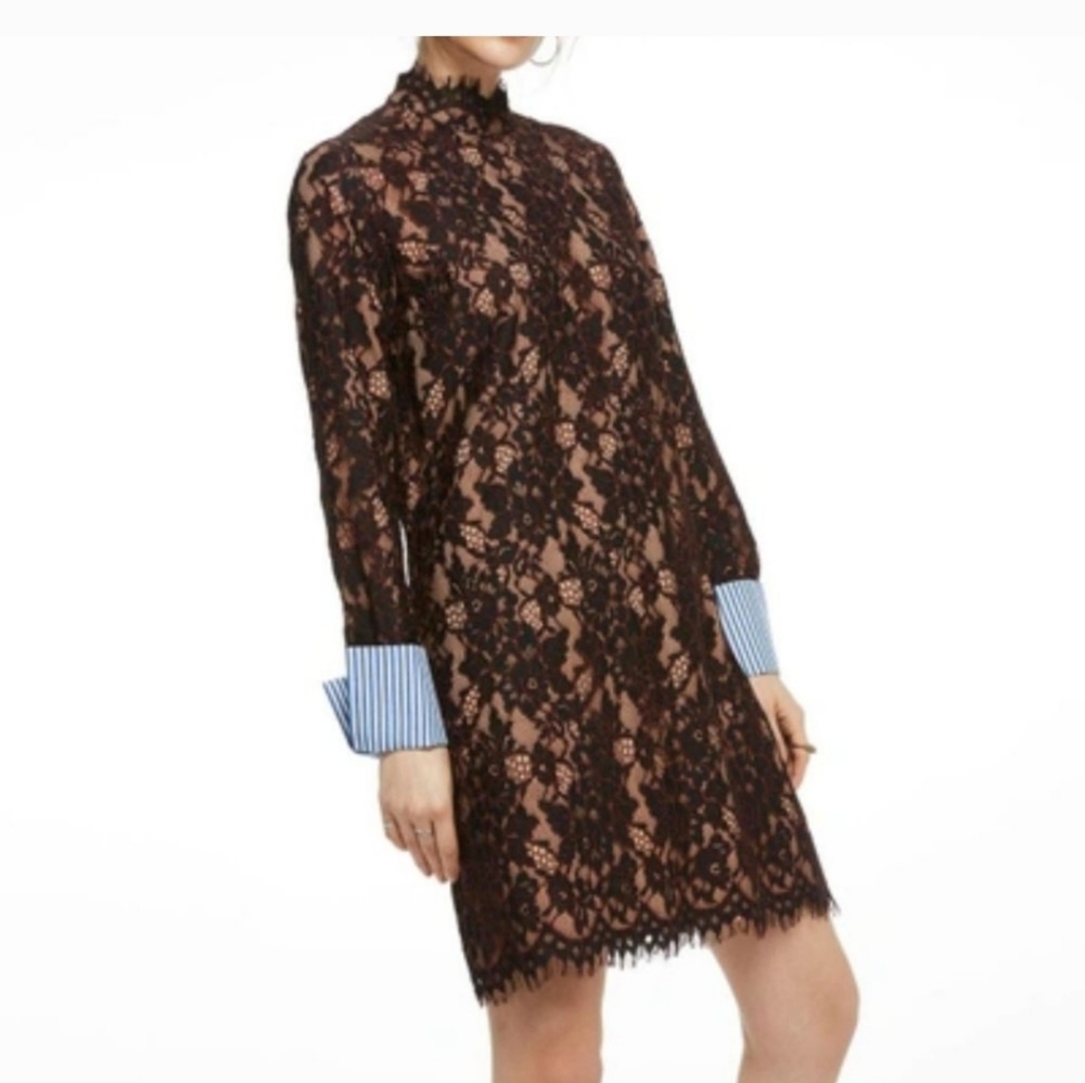 Scotch & Soda Black and Burgundy Lace Dress with Nude Underlay and Striped Cuffs